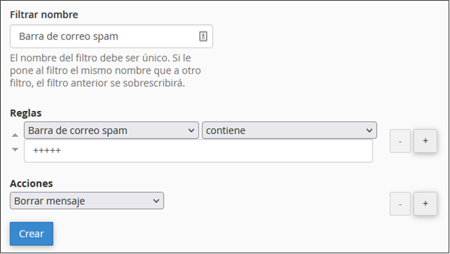 Filtrar nombre: Barra de correo spam | Reglas: [Barra de correo spam] - [Contiene]: +++++ | Acciones: Borrar mensaje